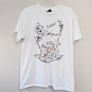 Vintage 80s Parisian Cat Fish Bowl Sushi Graphic T-Shirt